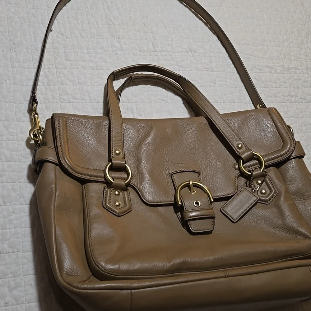 COACH Campbell Leather Eva Flap Satchel Brown Beige
